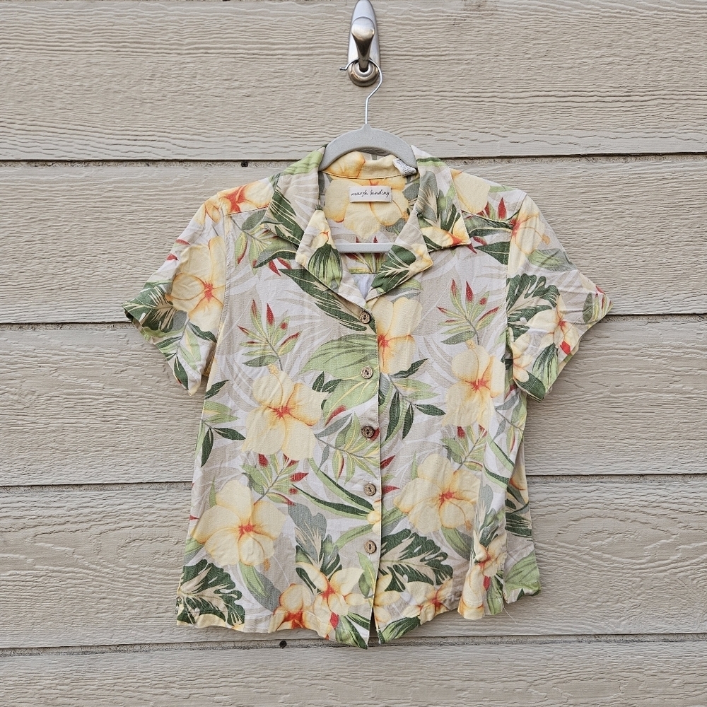 Marsh Landing cropped aloha shirt beige yellow green medium